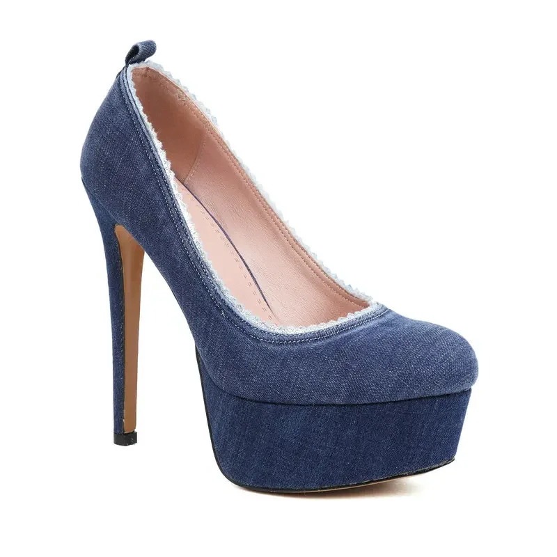 New Denim Jeans Fabric Super Thin High Heels Womens Closed Toe Blue Sexy Lady Office Pumps Size 33-43 Platform Shoes