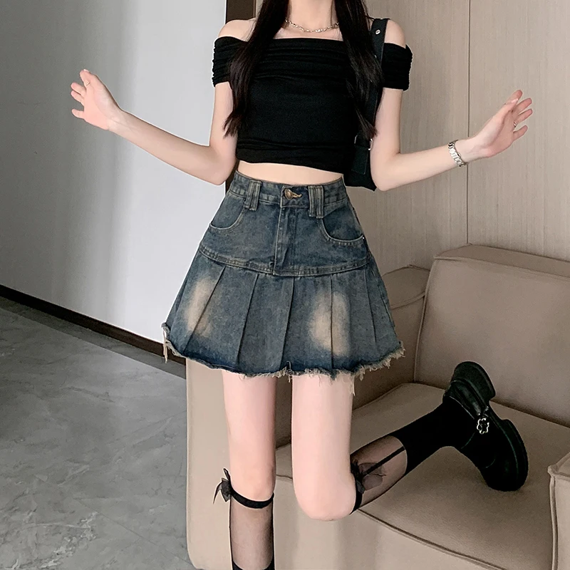 

Retro distressed ruffled denim skirt for women's 2024 spring/summer new spicy girl pleated high waisted A-line short skirt