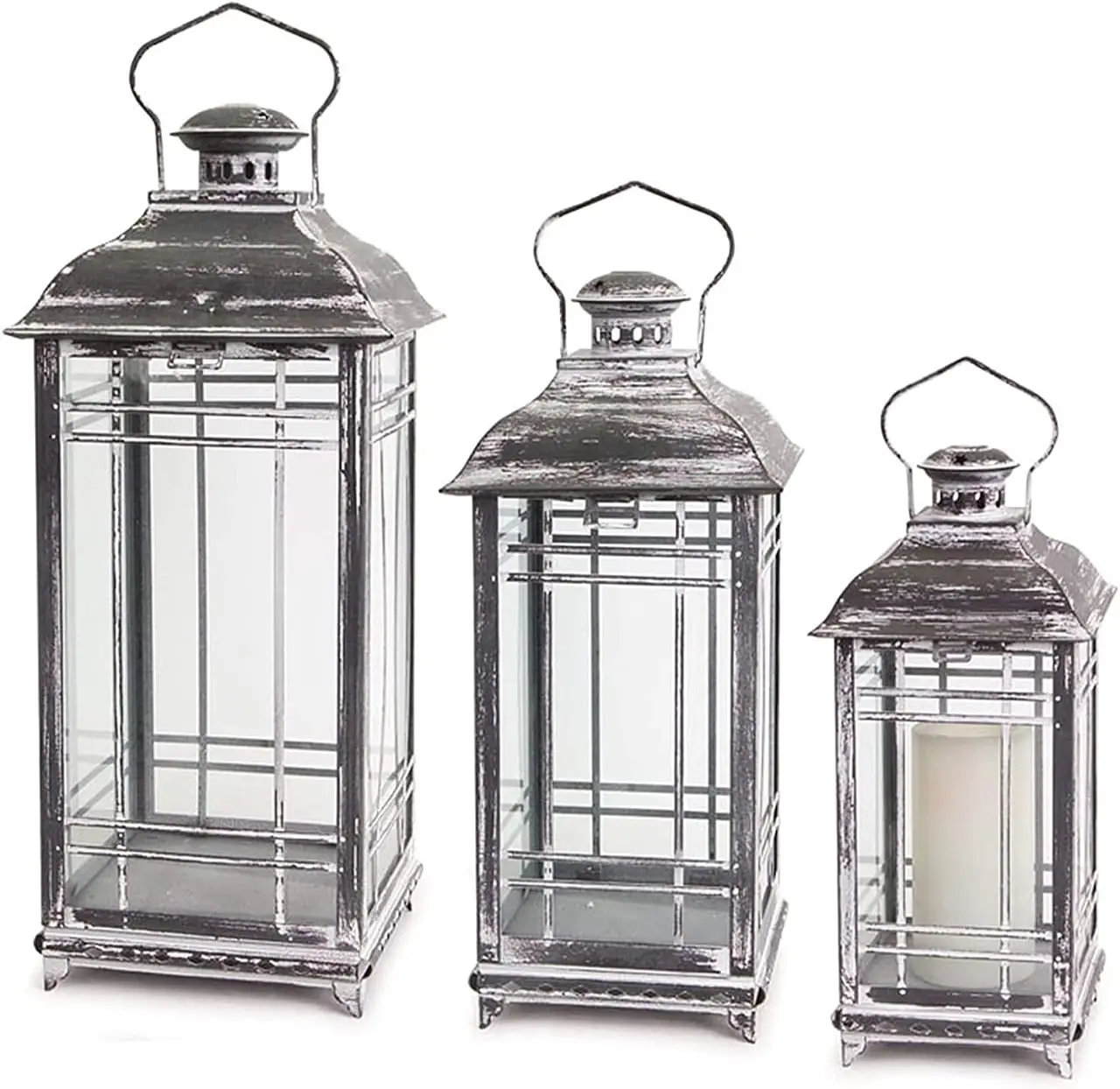 

Set of 3 Mission Style White and Graphite Grey Candle Lanterns 14-17-20 Inch Gray and White HIGH QUALITY Very Durable