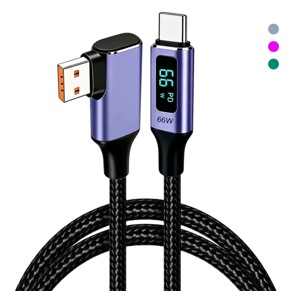 66W Fast Charging USB-A to USB-C Cable Real-Time Display Right Angle Digital Display Cable Nylon Braided 480Mbps
