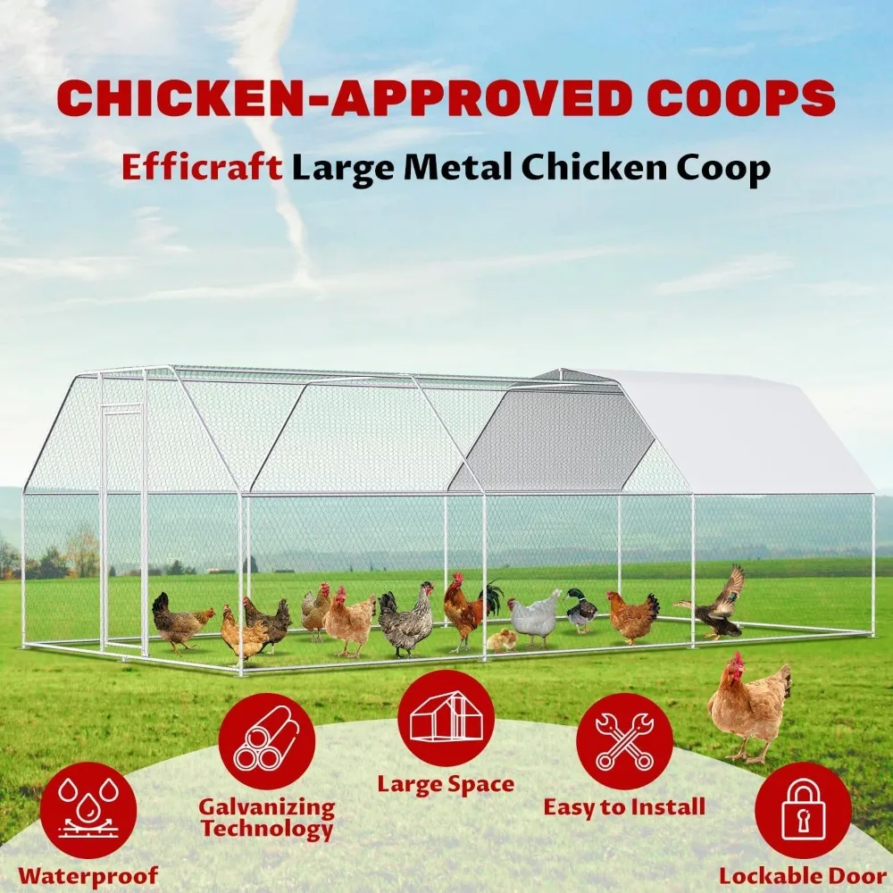 Large Metal Chicken Coop with Solar Light for Night Viewing, Chicken Runs for Yard with Waterproof & Anti-UV Cover