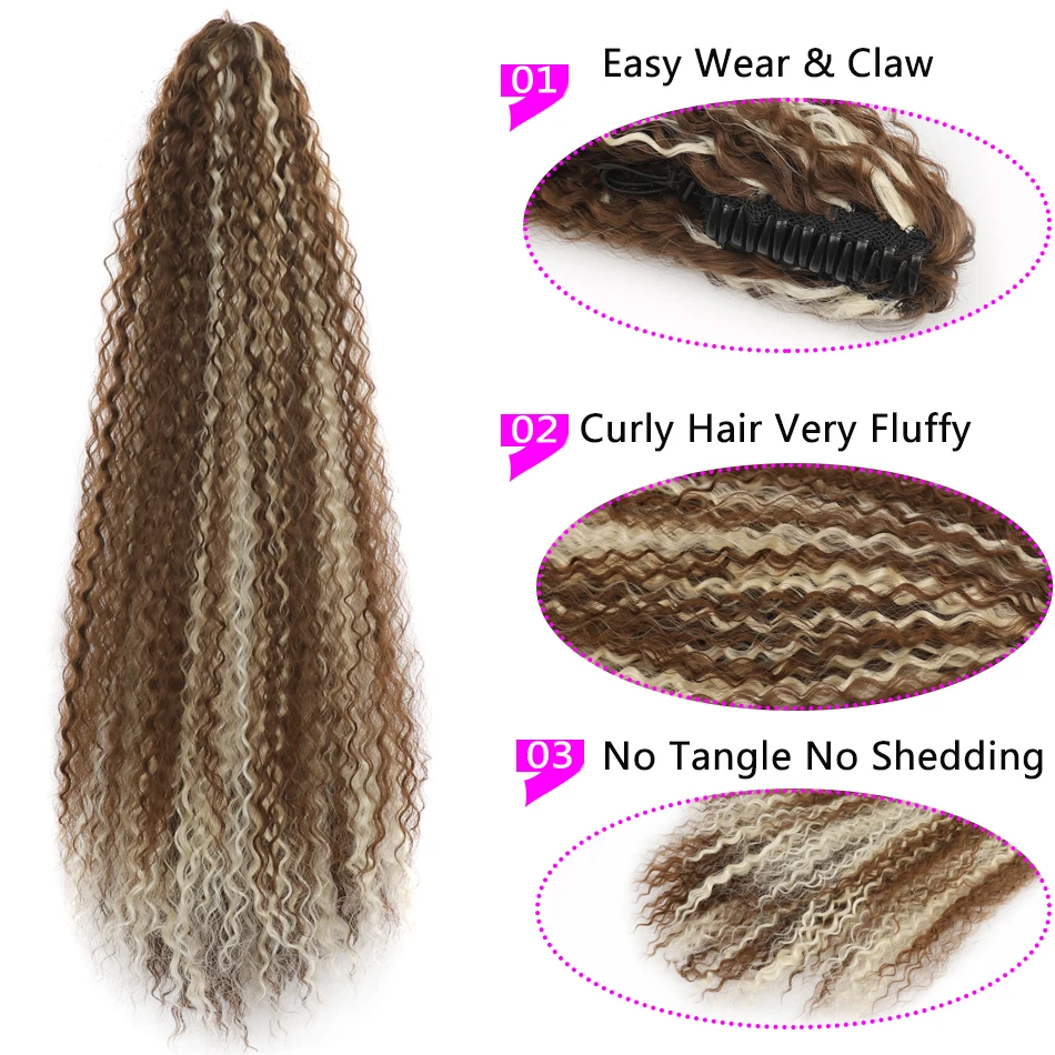 Extensões sintéticas do cabelo da cauda do pônei encaracolado longo da garra para mulheres, grampo no rabo de cavalo, parte do cabelo, partido resistente ao calor, diário, 24"