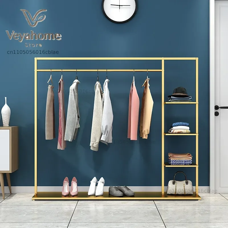 Mobile Garment Display Rack, Gold Clothes Rail w/ Bottom Shoe Shelf & 4 Tier Bags Shelf