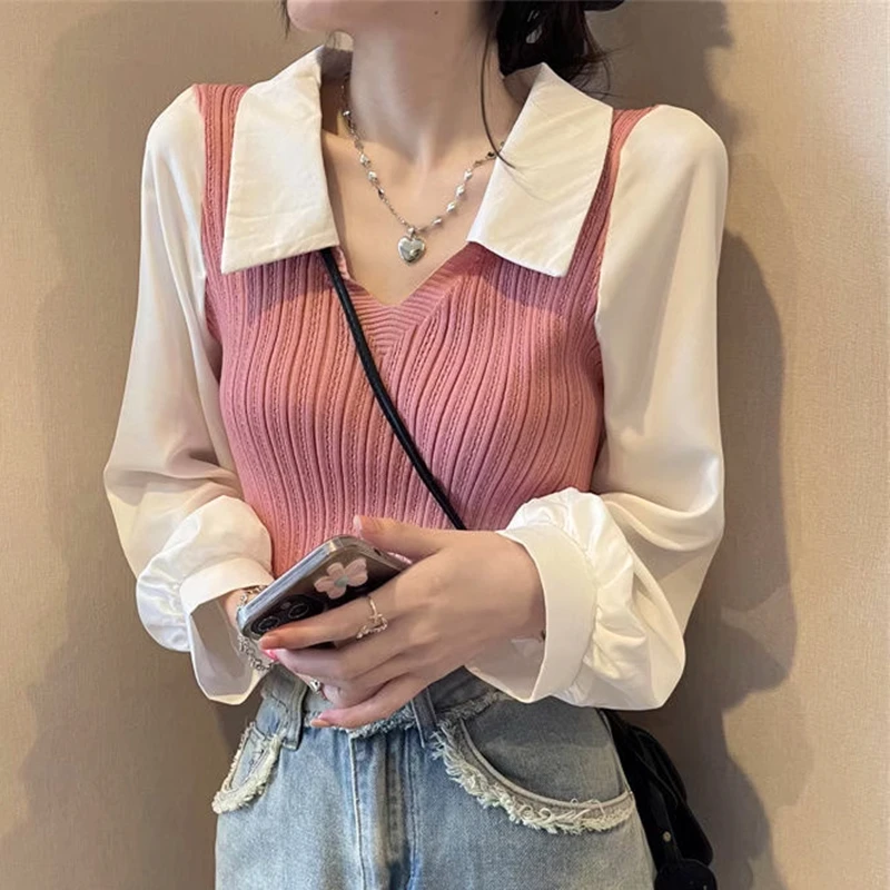 Sweet Women Girls Korean Blouses Knit Patchwork V-neck Fake Two Pieces POLO Shirts Office Lady Spring Casual Long Sleeve Tops