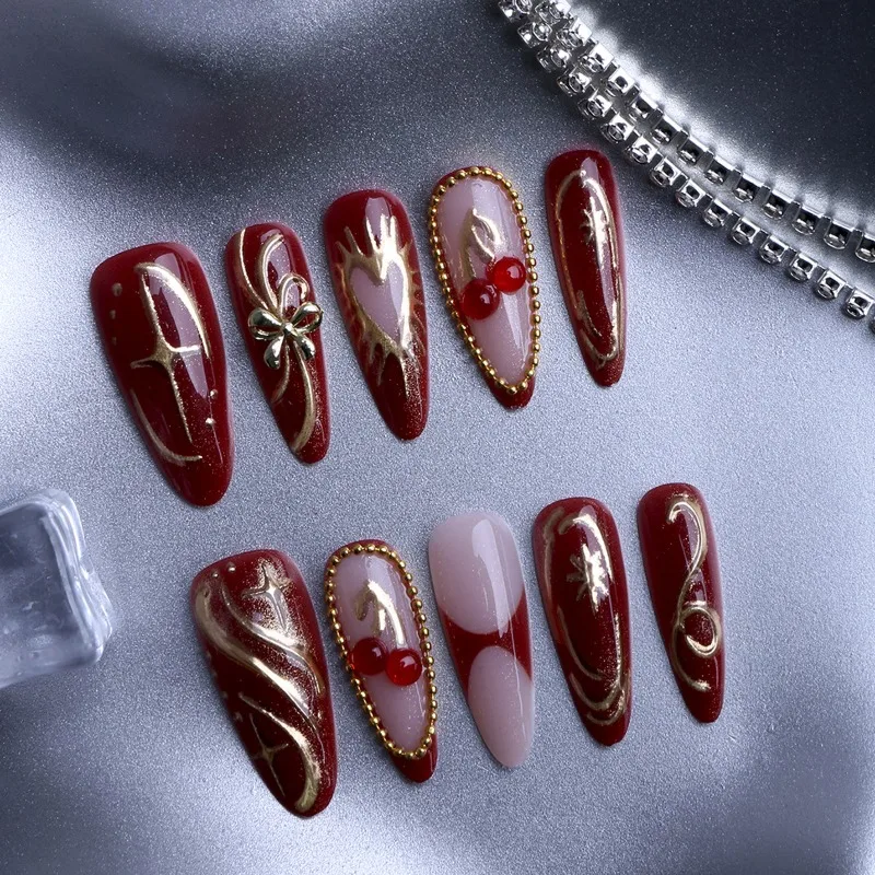 

24PCS Red Gold Almond False Nails Heart Cherry Bow Decorate Press on Nails High End Elegant European American Luxury Fake Nails