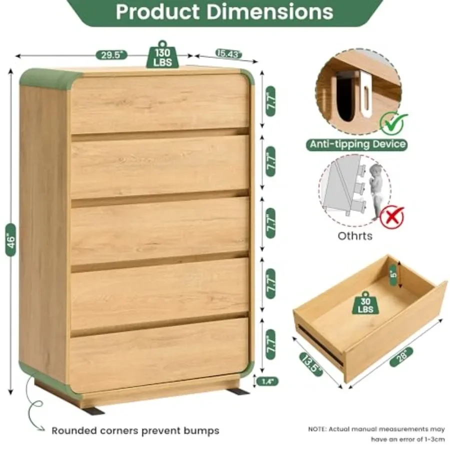 5 Drawer Dresser for Bedroom, Living Room, Hallway Modern Wood Grain Texture Storage Chest with Smooth Sliding Drawers Organize