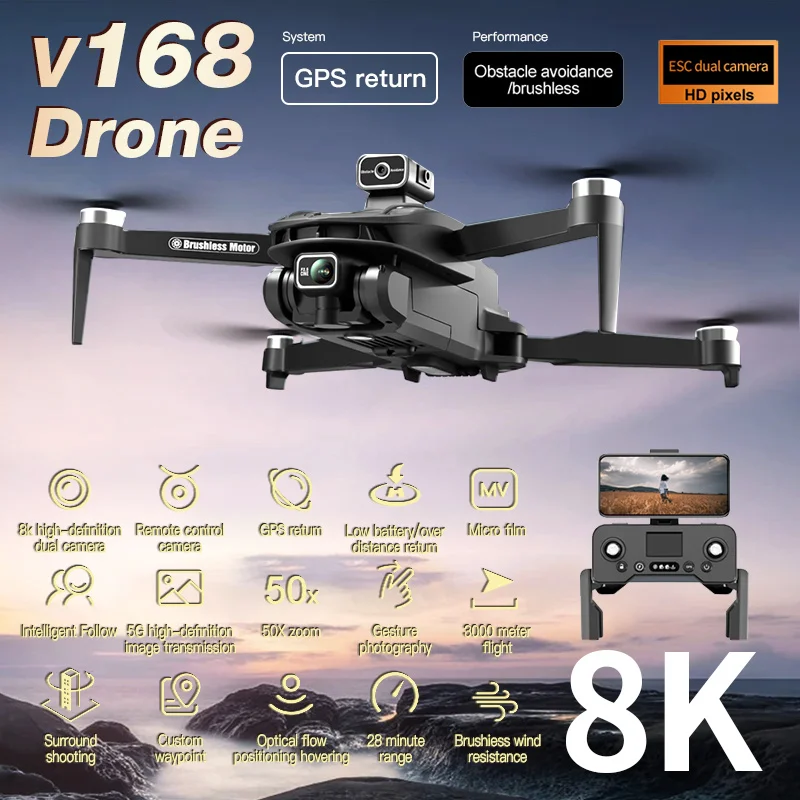 

V168 Mini Drone 8K 5G GPS Professina HD Aerial Photography Dual-Camera Quadcopter Brushless Avoidance Optical Flow For Xiaomi