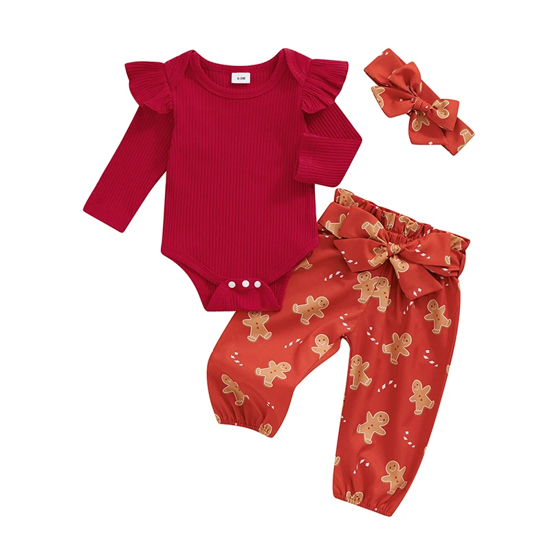 

Baby Girls Christmas Outfit Long Sleeve Romper with Belted Gingerbread Man Print Pants and Headband Clothing Set