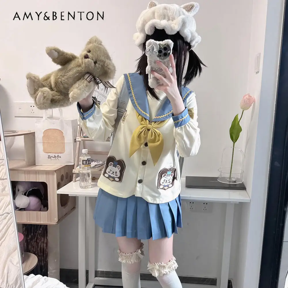 

Summer New Japanese Style Sweet Cartoon Bear Embroidery Short Sleeve Top & Blue Pleated Skirt JK Uniform Set for Women
