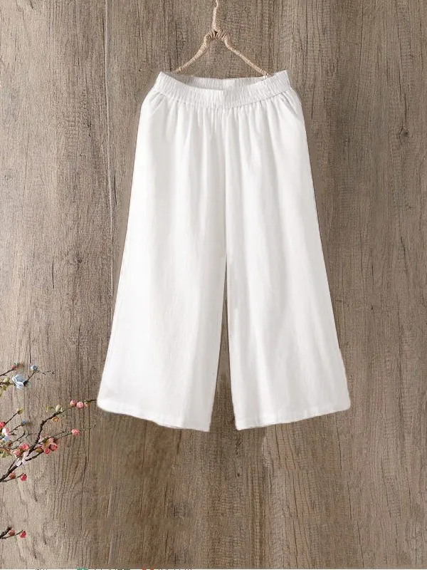 Coton lin taille élastique ample mince grande taille pantalons décontractés taille haute minceur sept-quarts longueur femmes Faion