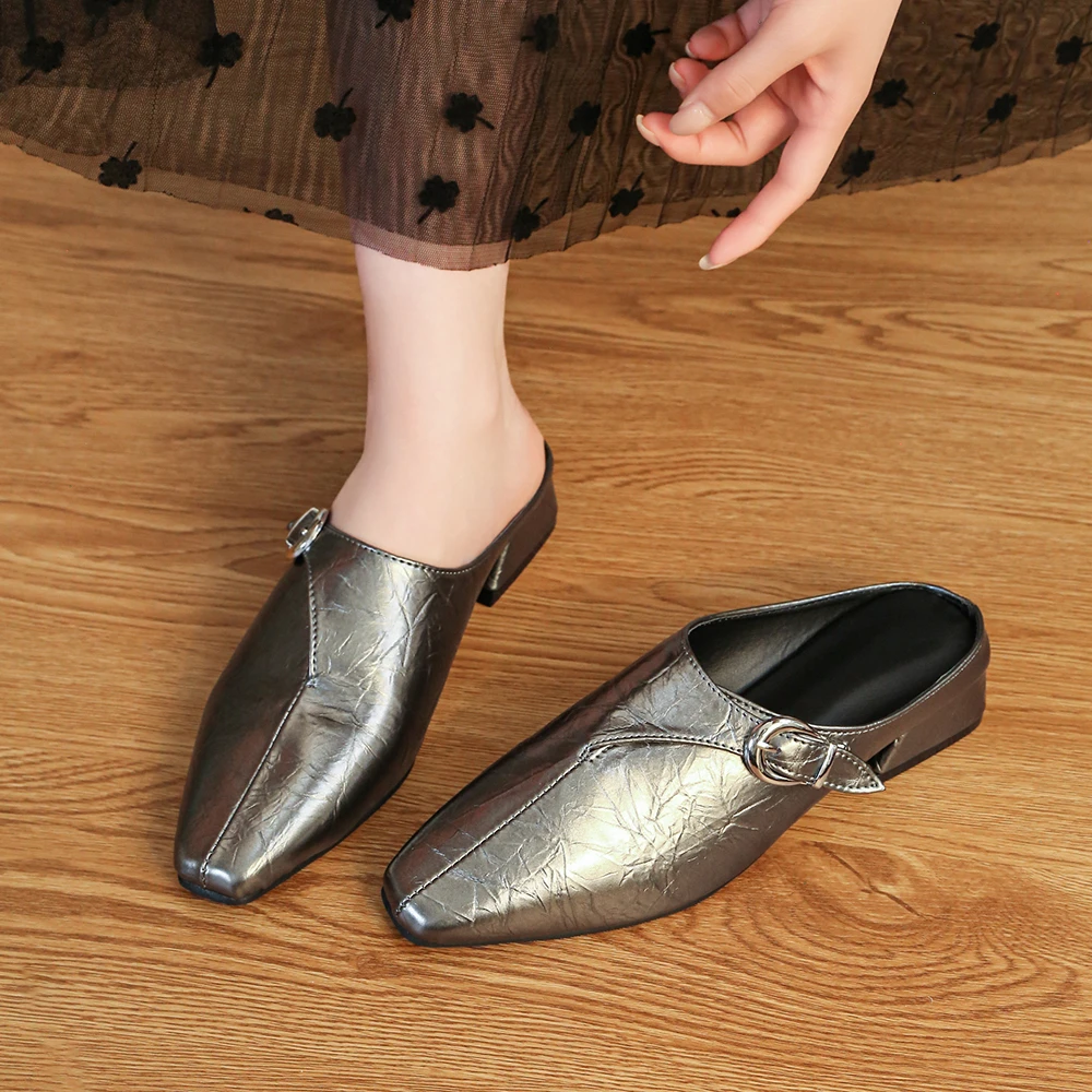 

Summer Casual Ladies Mules Outdoor Low Heel Women Slippers Fashion Belt Buckle Modern Slippers Novelty Pointed Toe Slides Shoes