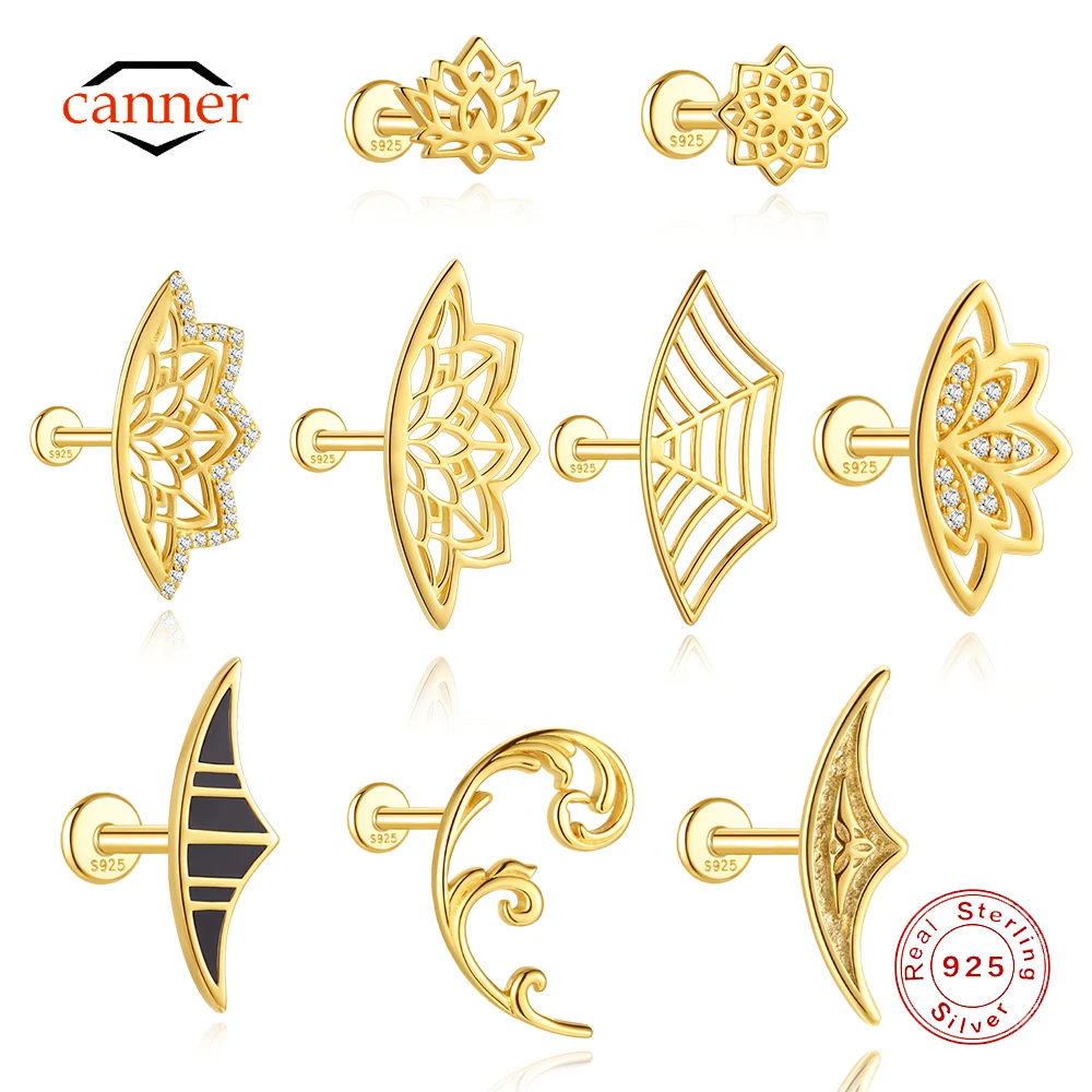 CANNER 1PC 925 Sterling Silver Hollowed-out lotus Flat Back Piercing Earrings For Women 18K Gold Plated Minimalism Jewelry Gift