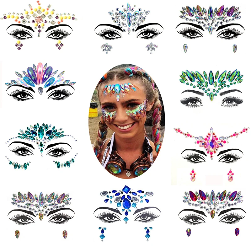 3D Sexy Face Tattoo Sticker Temporary Tattoo Glitter Gems Fake Tattoo Rhinestones Masquerade for Women Party Face Tattoo Sticker