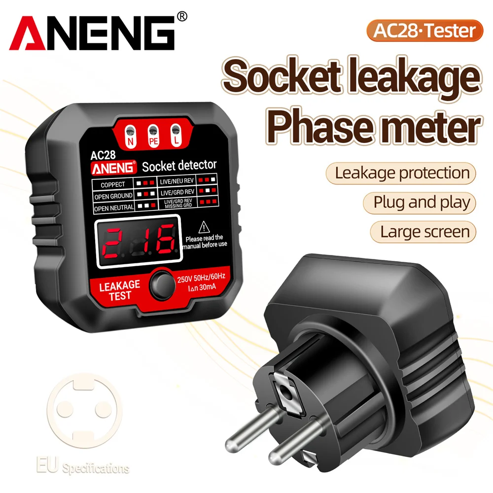 디지털 소켓 전원 테스터 ANENG AC28 회로 차단기 탐지기 EU/US 플러그 250V 50Hz/60Hz 소켓 극성 감지기 전압 테스터