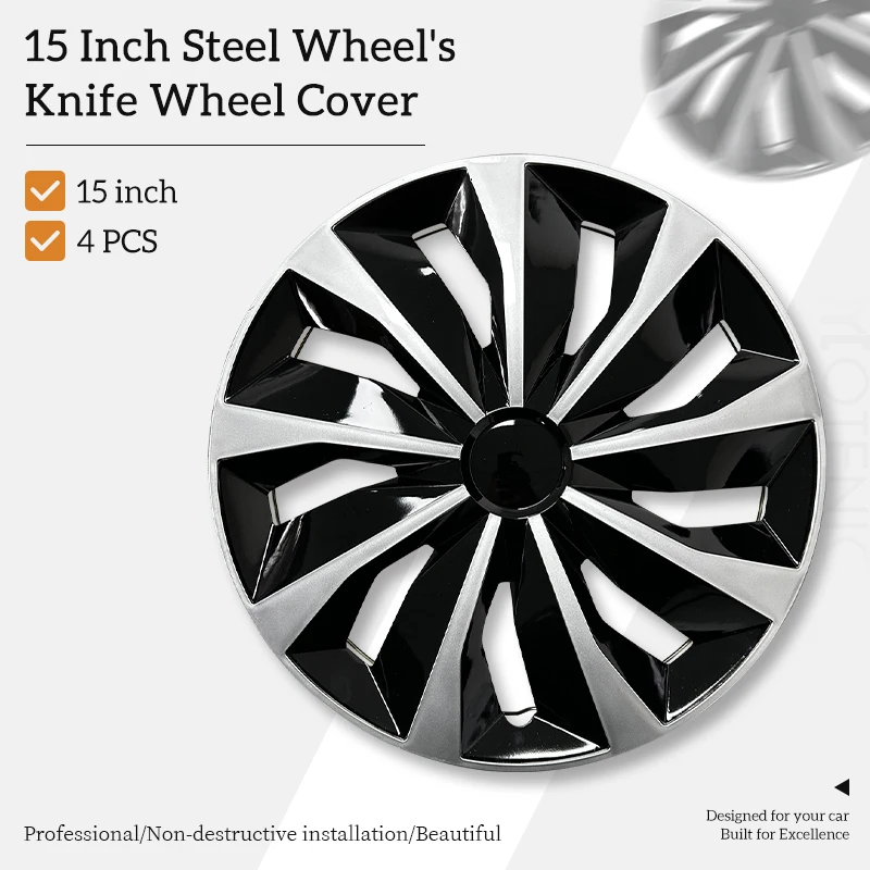 15 inch Knife Style Hubcaps Black & Silver Wheel Covers for Cars Set of 4 Fits Honda Volkswagen, Chevy, Mazda,Dodge Hub Caps