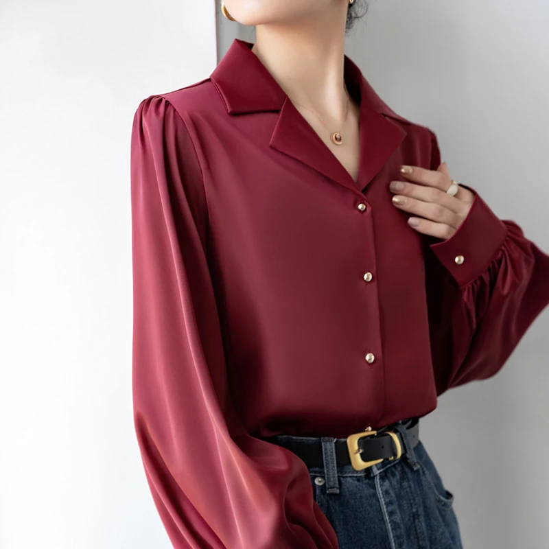 QOERLIN French Vintage Red Notched Collar Shirt Women Satin OL Elegant Lantern Sleeve Tops Blouse Long Sleeve Office Shirts S-XL