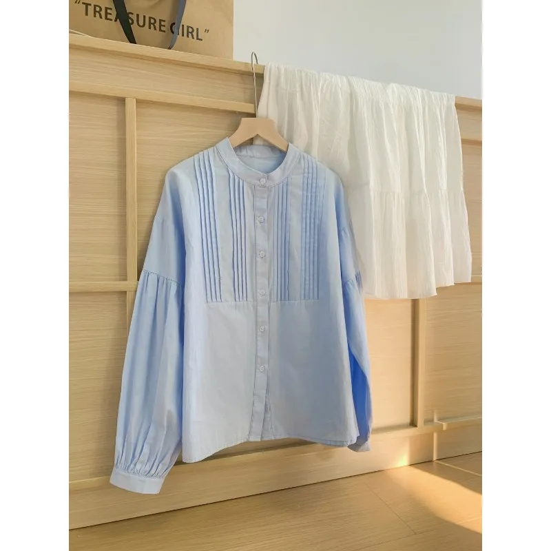 

Juspinice синяя рубашка в корейском стиле для женщин весной и летом, топ с круглым вырезом и рукавами-фонариками, сложенная однобортная модная блузка