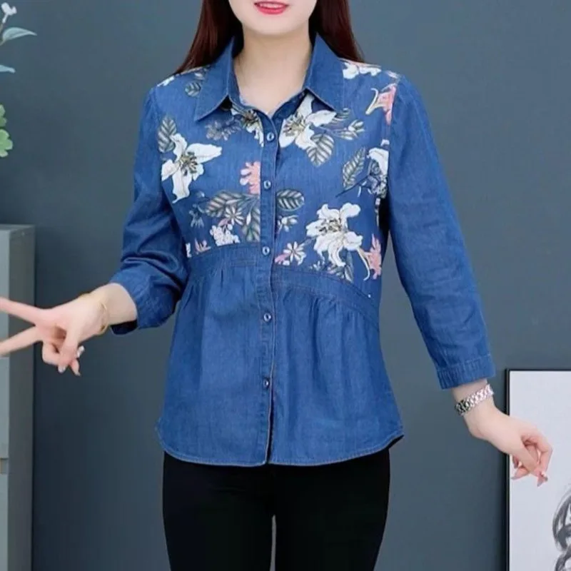 Women Denim Shirt Loose Floral Patchwork Single Breasted Blouse 2024 Spring Summer Casual Printed Jean Tops 3XL