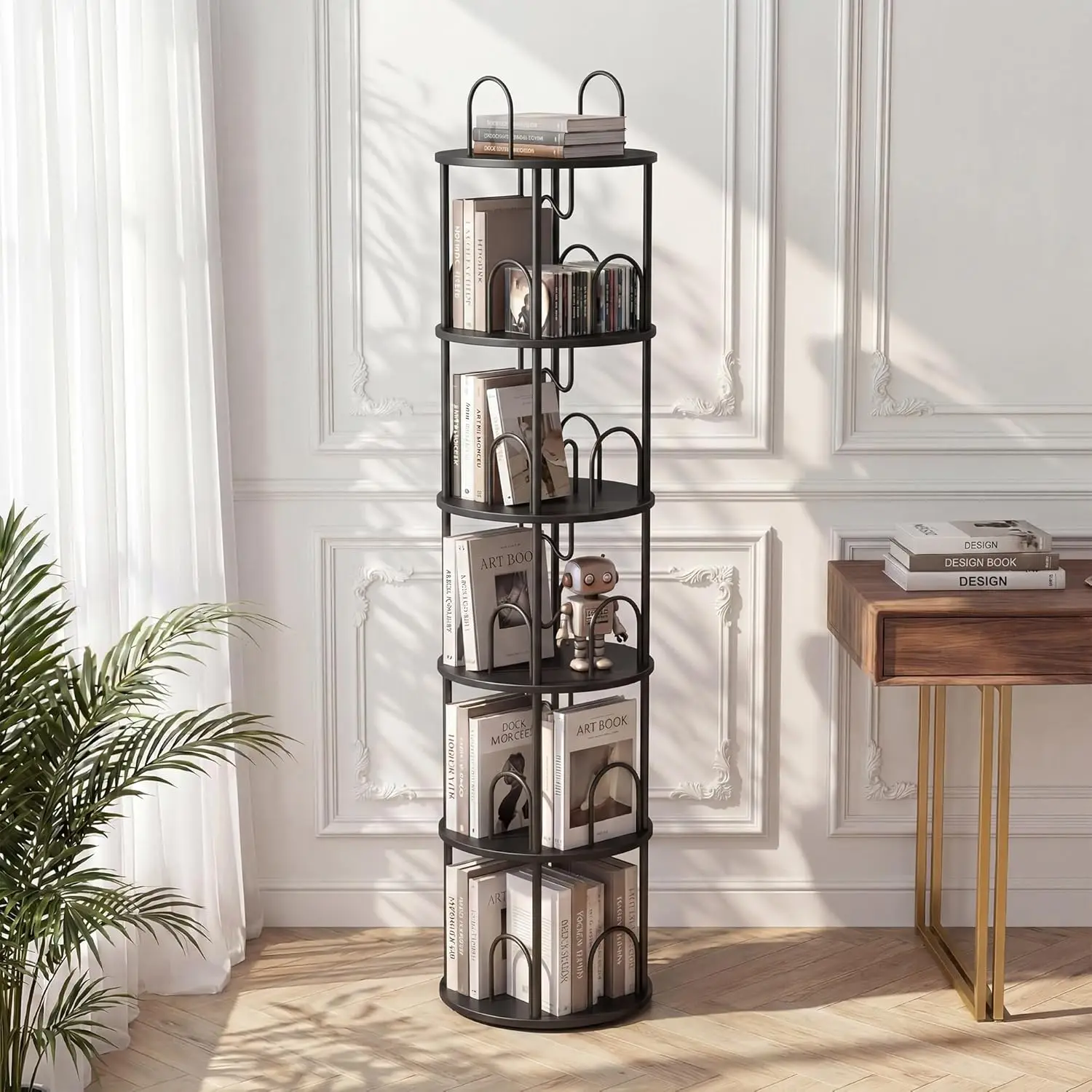 5 Tier Rotating Bookshelf, 360° Spinning Bookshelf Tower, Narrow Corner Book Shelf, Revolving Bookcase Corner Tall Book