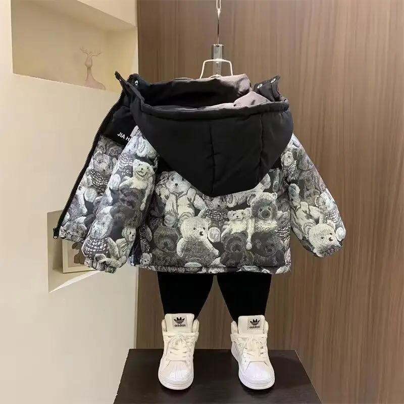 Boys Winter Coat Bear Print Cotton Coat New Handsome Children\'s Fleece Coat Winter Thick Warm Baby Plus Velvet Cotton Hooded