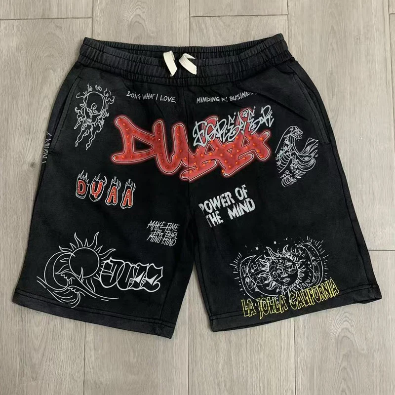 Retro Washed DUAA Shorts High-quality Full Graffiti Printed Rhinestone Sports Casual Shorts