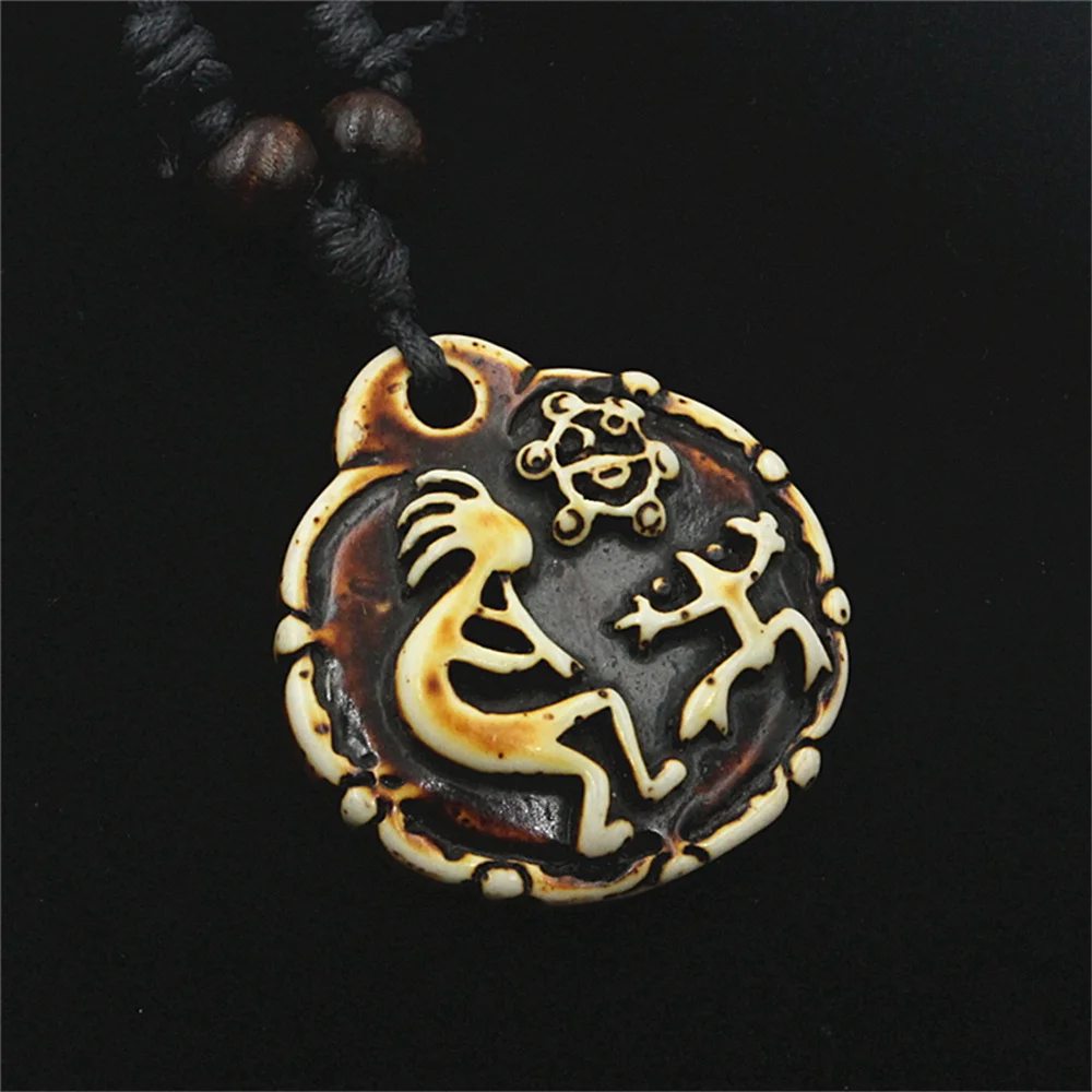 Hawaiin Imitation Bone Carved Puerto Rico Tribal Sun Coqui Taino CAGUANA Kokopelli Necklace For Men Women Jewelry Gift