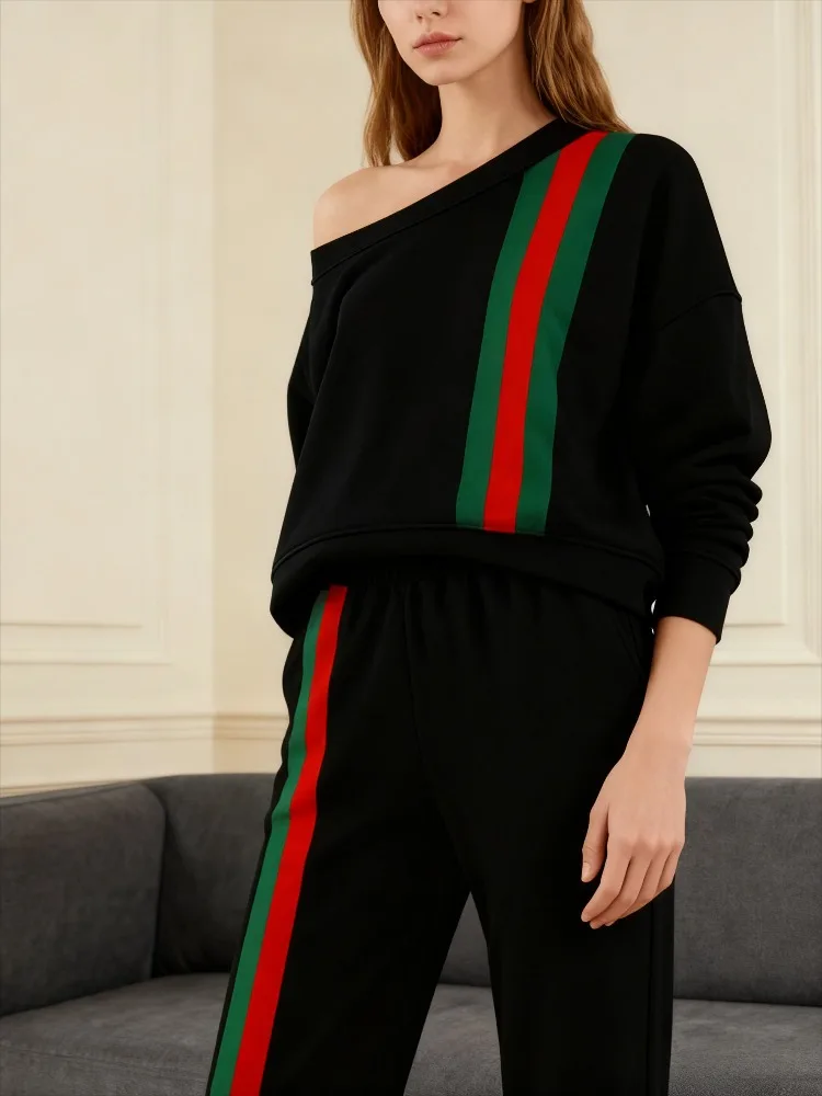 Onecozyday 2025 بلوفر خريفي أنيق بكتف بارد للنساء بألوان متباينة مخطط وأكمام طويلة قميص فضفاض مناسب #3