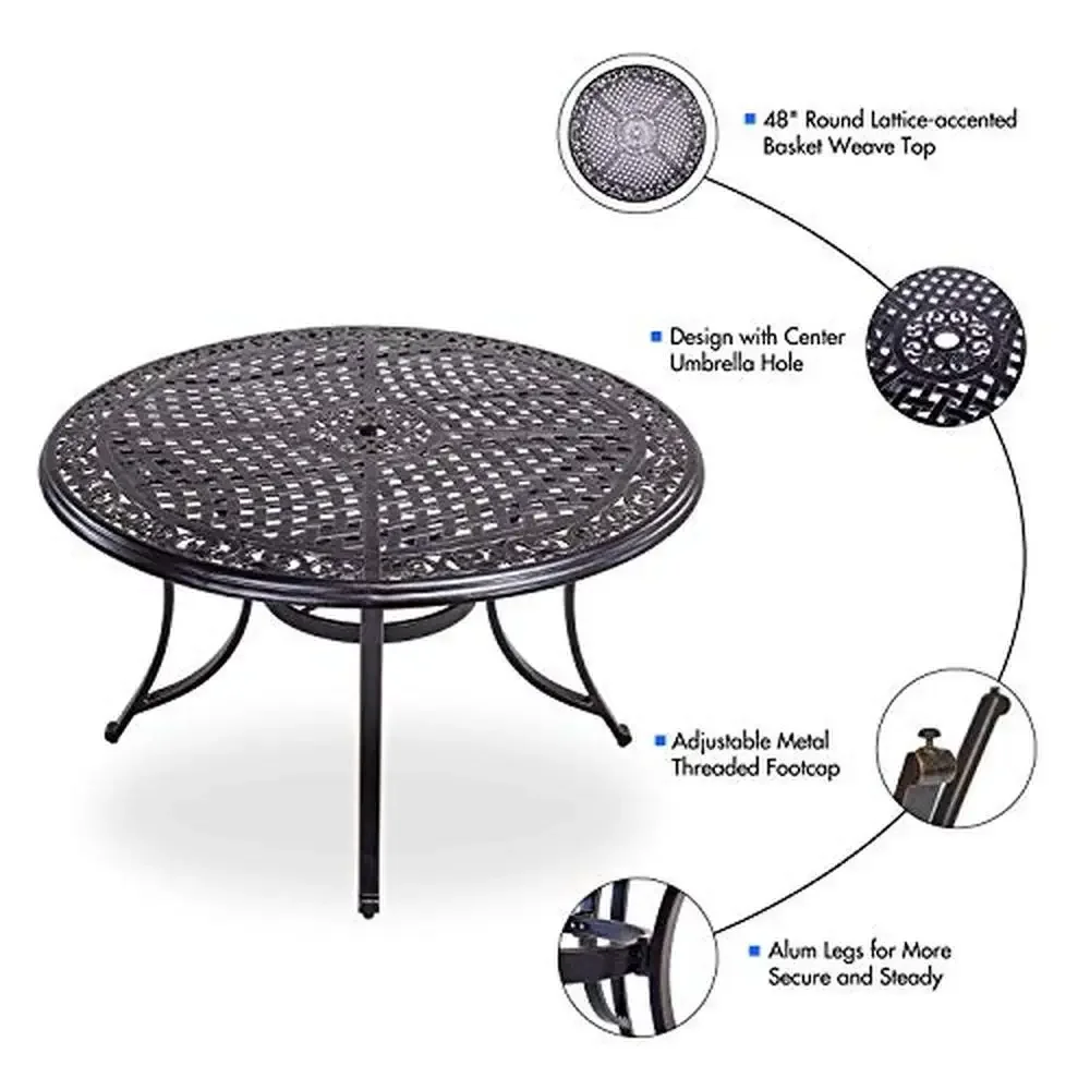 Outdoor Round Aluminum Dining Table with Umbrella Hole Rust-Free Cast Patio Table Garden Porch Deck 48