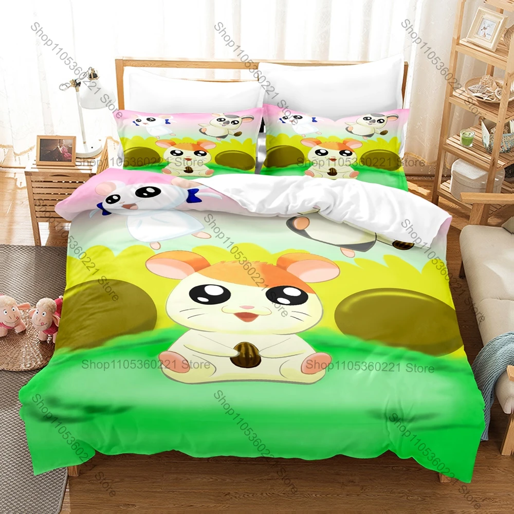 Cool Hamtaro Bedding Set Duvet Cover + 2 Pillowcases Cute Ham-Ham Gang Sunflower Seed Cartoon Anime Kawaii Bedroom Decor