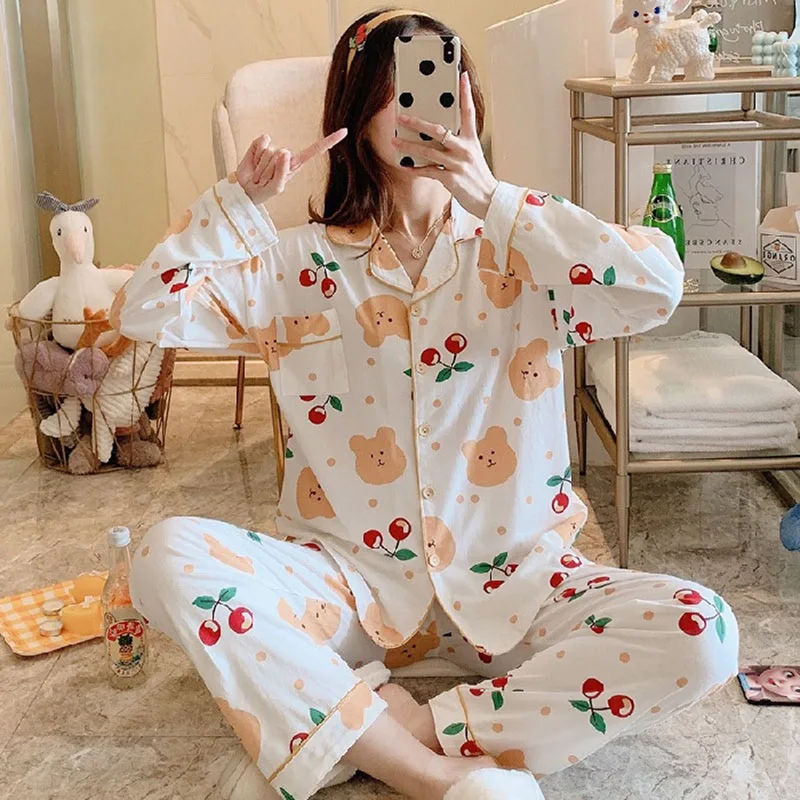 2PCS/Set Women\'s Pajamas Long-Sleeved Cardigan Autumn Winter Loose Casual Homewear Cherry Cartoon Bear Pattern Sweet Kawaii Girl