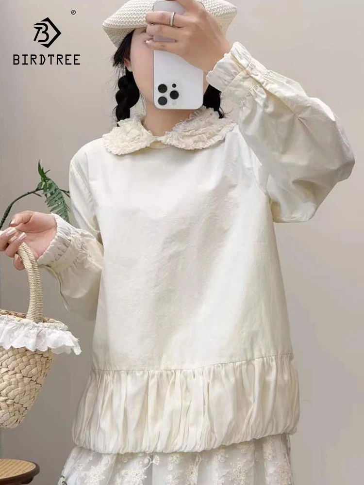 

New 2026 Spring Women Cotton Long Sleeve Shirt, Peter Pan Collar Back Button, Mori Girl Fashion Sweet INS Loose Blouse T62484CC