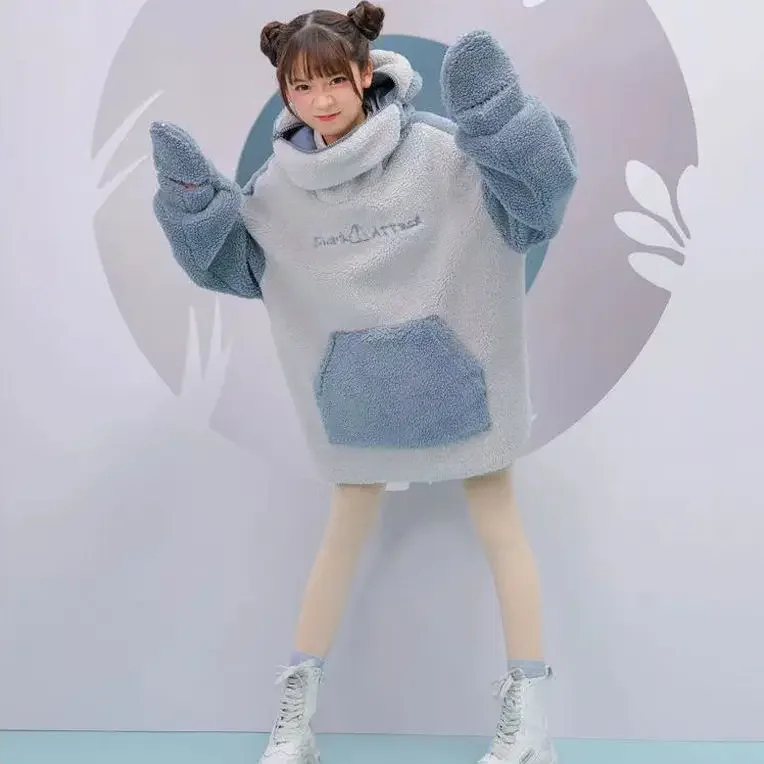 2023 Kawaii Shark Shape Hoodie for Women Cute and Funny Coat Korean Fashion Loose All-match Oversized Thicken Hoodie