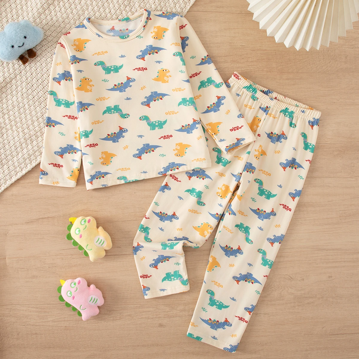 2-piece Autumn/Winter Children's Round Neck Comfortable Warm Underwear Set Cute Printed Long Sleeve Pajamas and Sleepy Pants Set