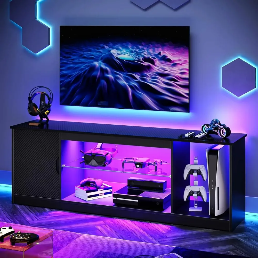 LED TV Stand for 55/60/65 Inch TV, Gaming Entertainment Center with Cabinet for PS5, Modern TV Cabinet with Adjustable