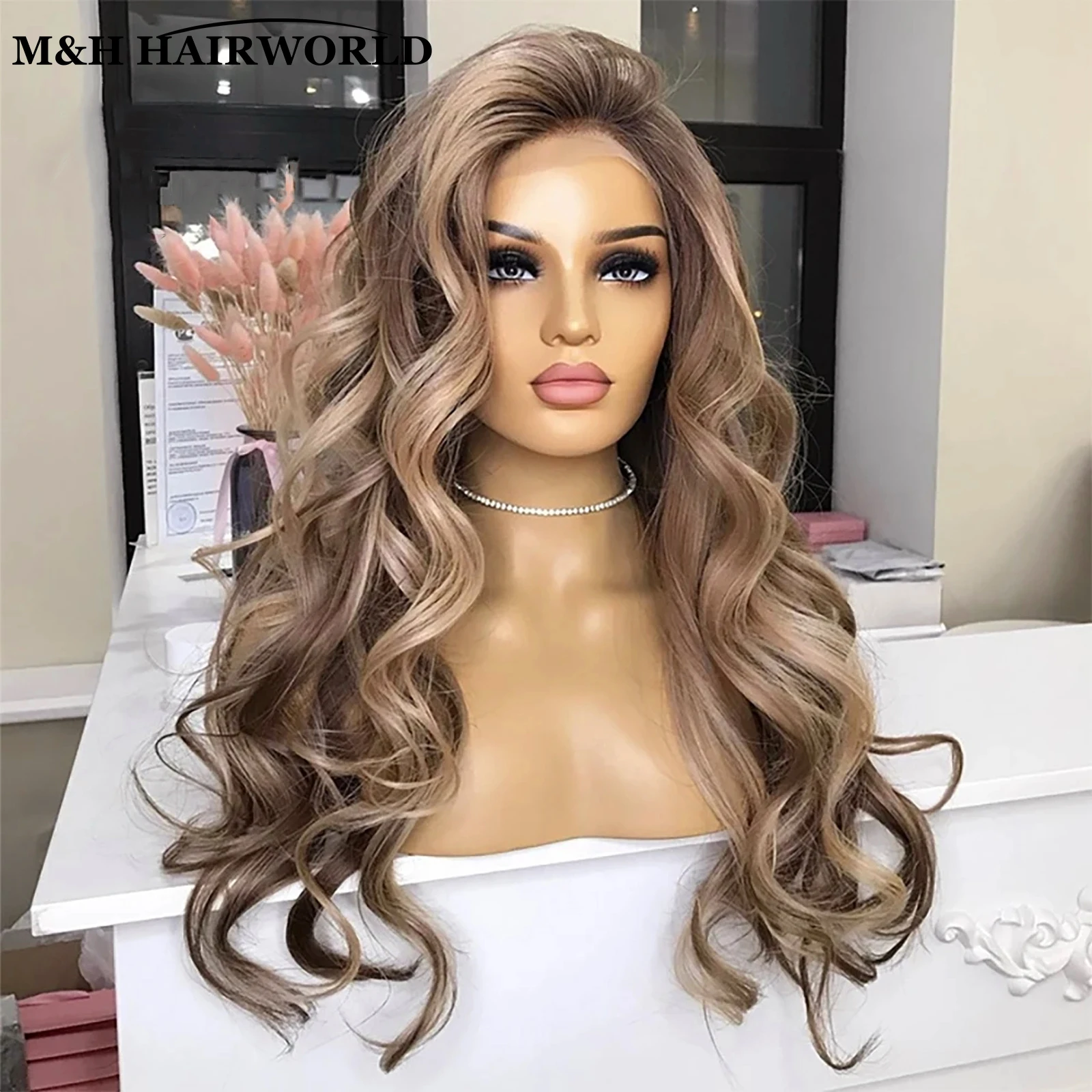 Highlight Ash Brown Blonde Colored Synthetic Lace Front Wigs Long Body Wave Synthetic Hair Wig 13x3 Lace Frontal Wigs For Women