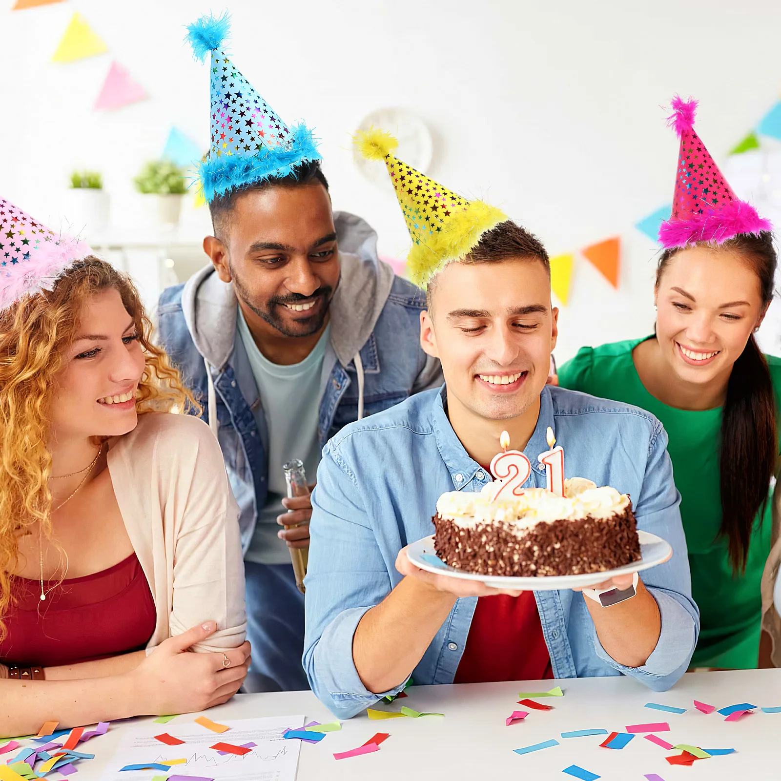 

4pcs Multi-color Cloth Cone Party Hats Birthday Supplies Practical Photo Props Stars Design Long Time Use