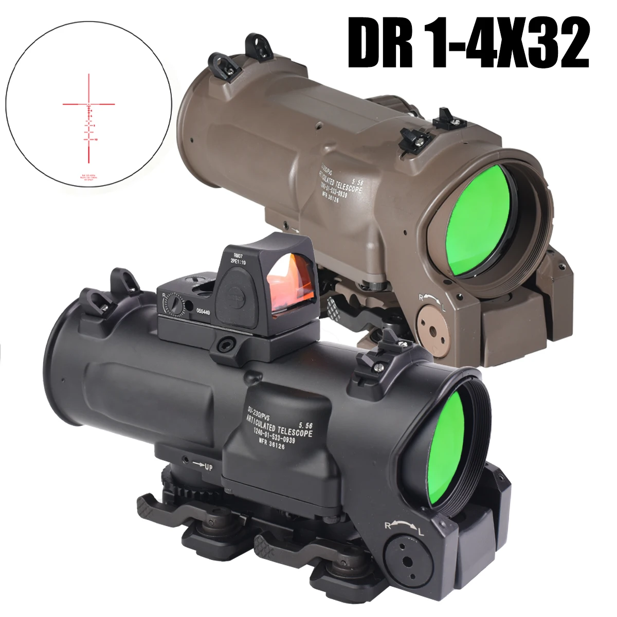 

1-4X32FB with Mini Red Dot Scope Tactical Fixed Dual Purpose Scope Quickly Switch Magnification Hunting Optics Viewfinder