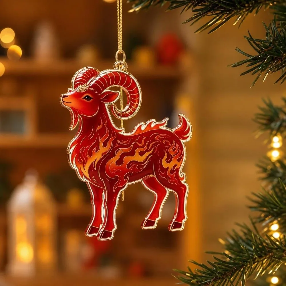 2D Flat Christmas Hanging Pendant New Year Acrylic Car Goat Pendant Red Gold Chinese Zodiac Goat Car Rearview Mirror Keychain