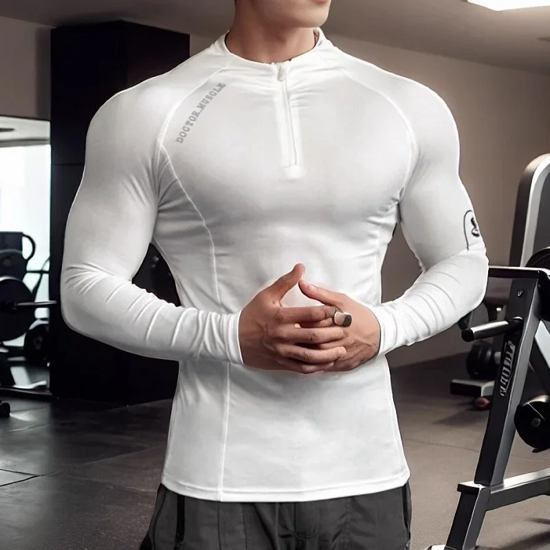 high quality zipper round collar tops sports spring autumn fitness T-shirt men long sleeved quick drying elastic tight T-shirt