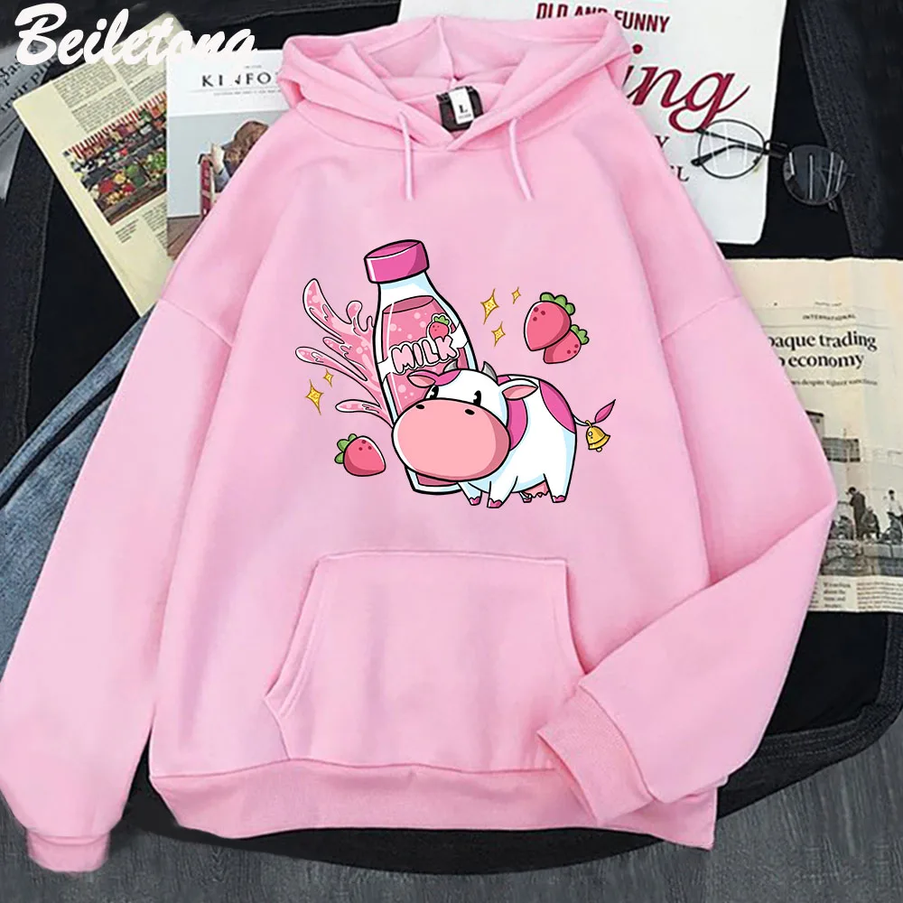 Kawaii Hoodie Strawberry and Cow Cartoon Print Women Tops 2022 Spring Autumn Harajuku Sweatshirt Girl Casual Ulzzang Long Sleeve