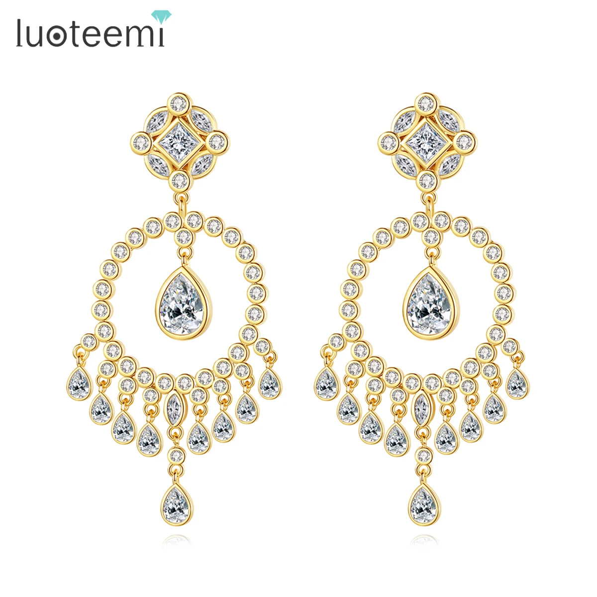 

LUOTEEMI Cubic Zirconia Long Pendant Tassel Earring for Women India Style Bridal Wedding Engagement Gorgeous Accessories