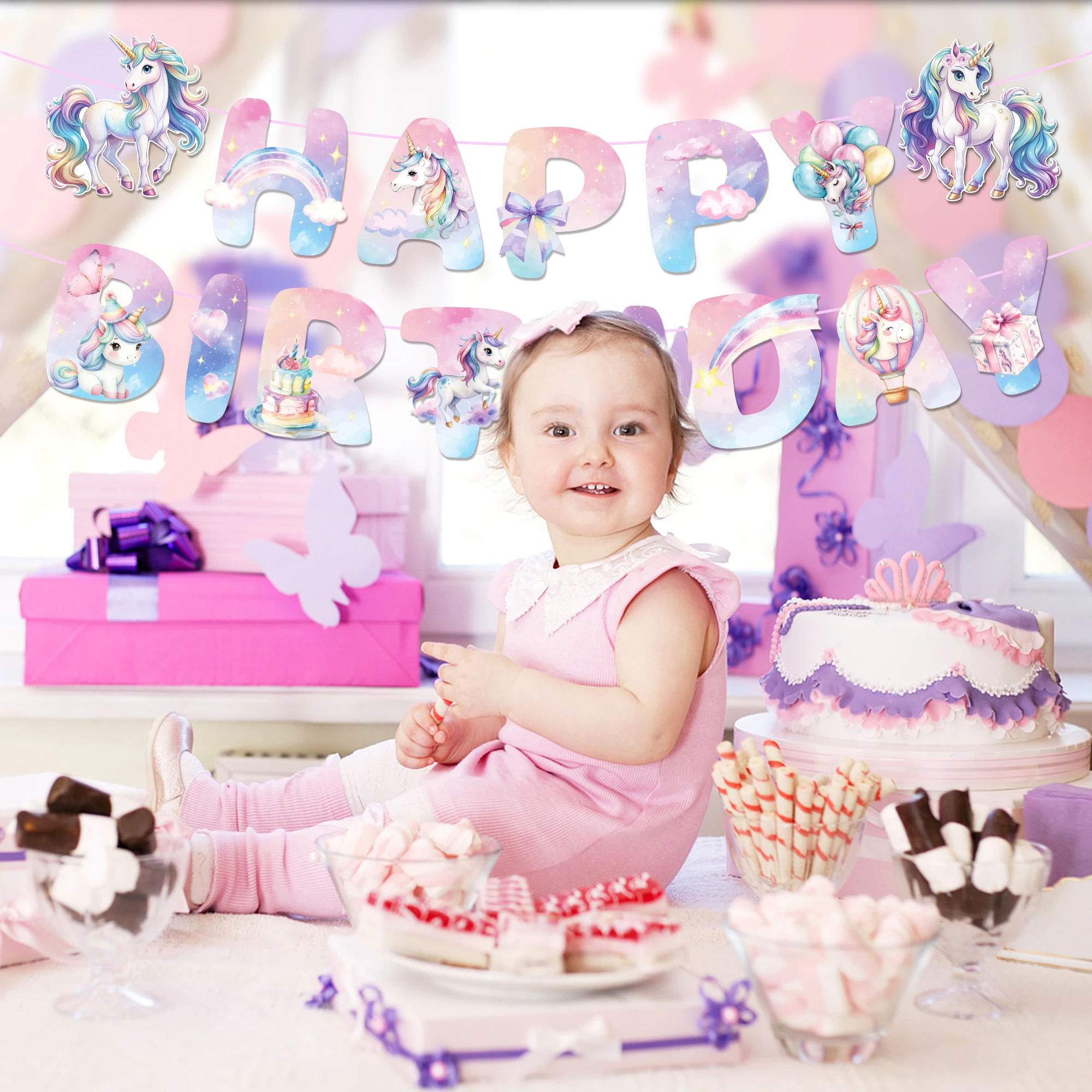 Einhorn Einweggeschirr Teller Servietten Tischdecke Cupcake-Ständer für Geburtstagsdekoration Partyzubehör – Detail 14