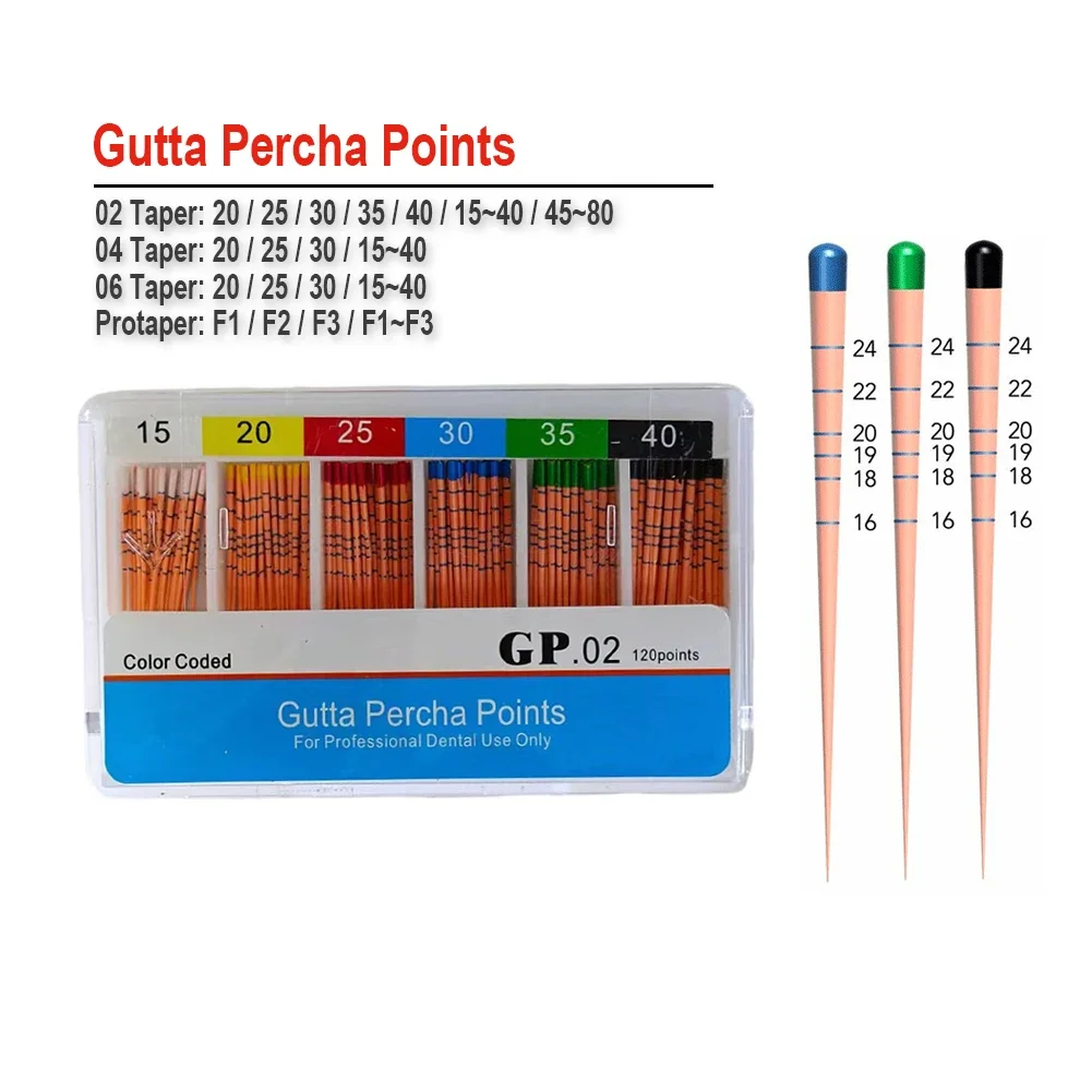 Puntos de gutapercha dental desechables GP 02/04/06/F # Palo cónico de relleno Endo del conducto radicular del dentista de las puntas de la fibra cónica 15-40 con la escala