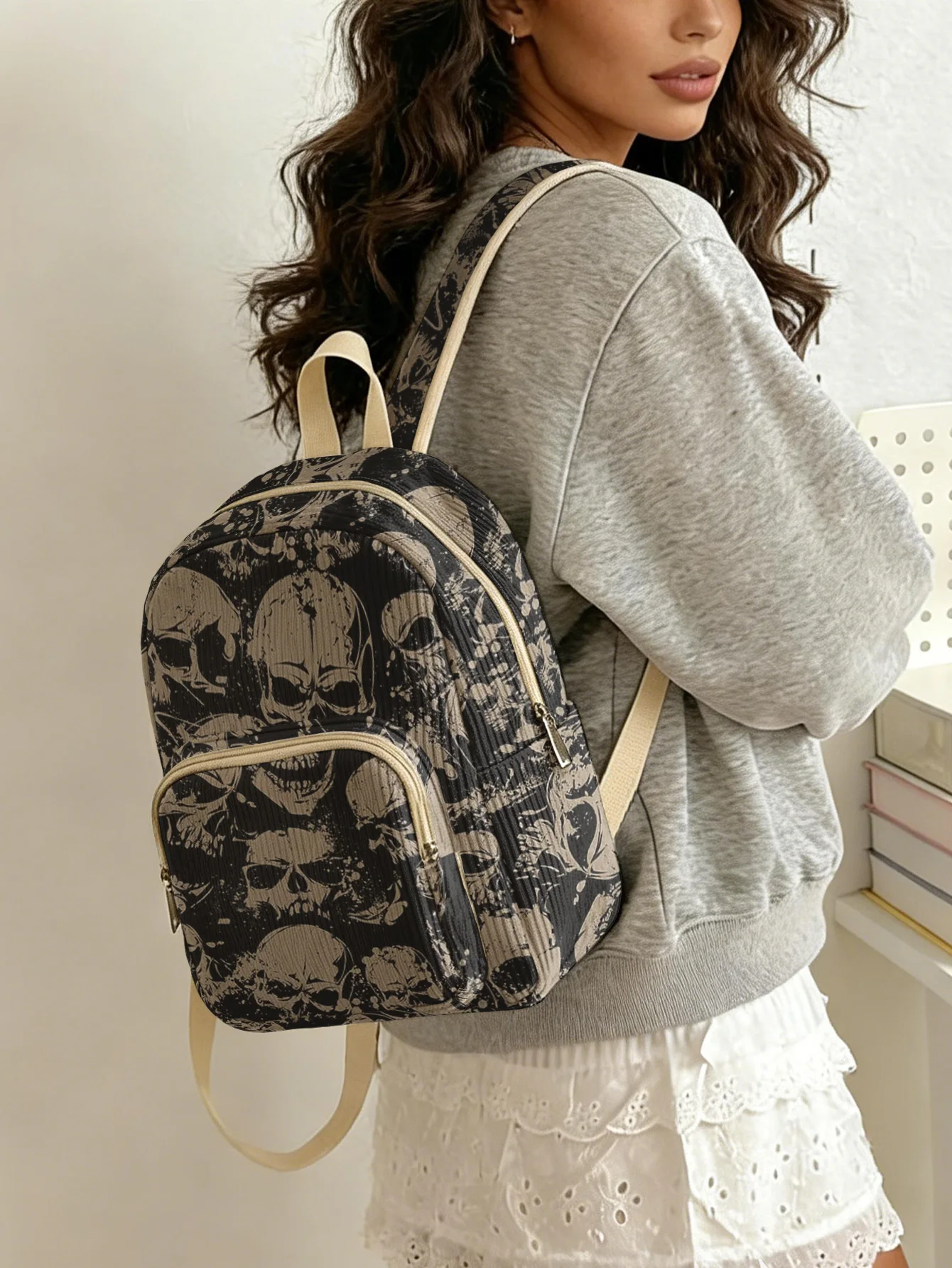 Gothic Skull Allover Print Women Fashion Backpack Corduroy Multi-pocket Large Capacity Commuter Bag