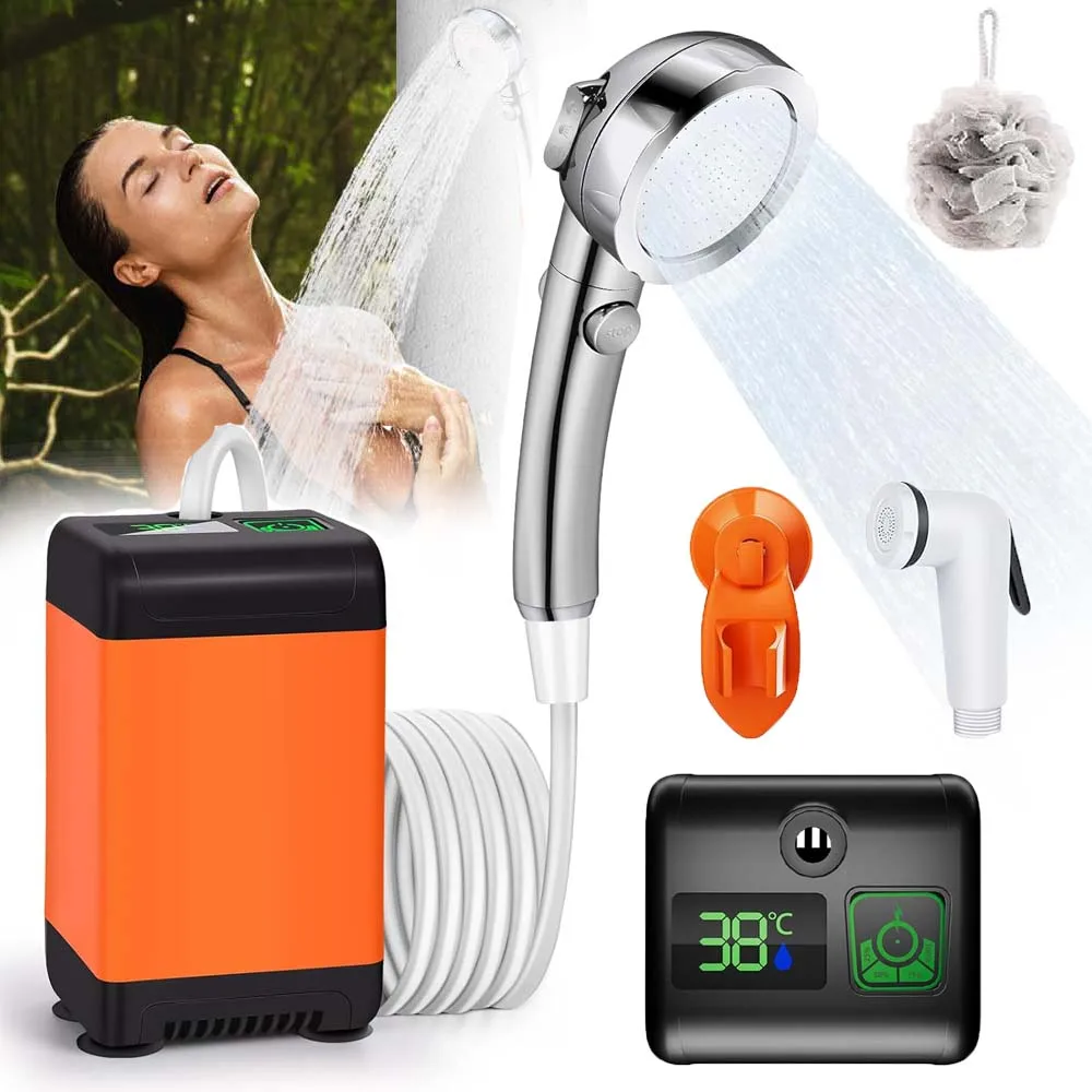 Douche de camping portable 6000mAh, pompe électrique rechargeable pour extérieur avec affichage numérique intelligent de la température, pommeau de douche pour le camping, la randonnée et les voyages