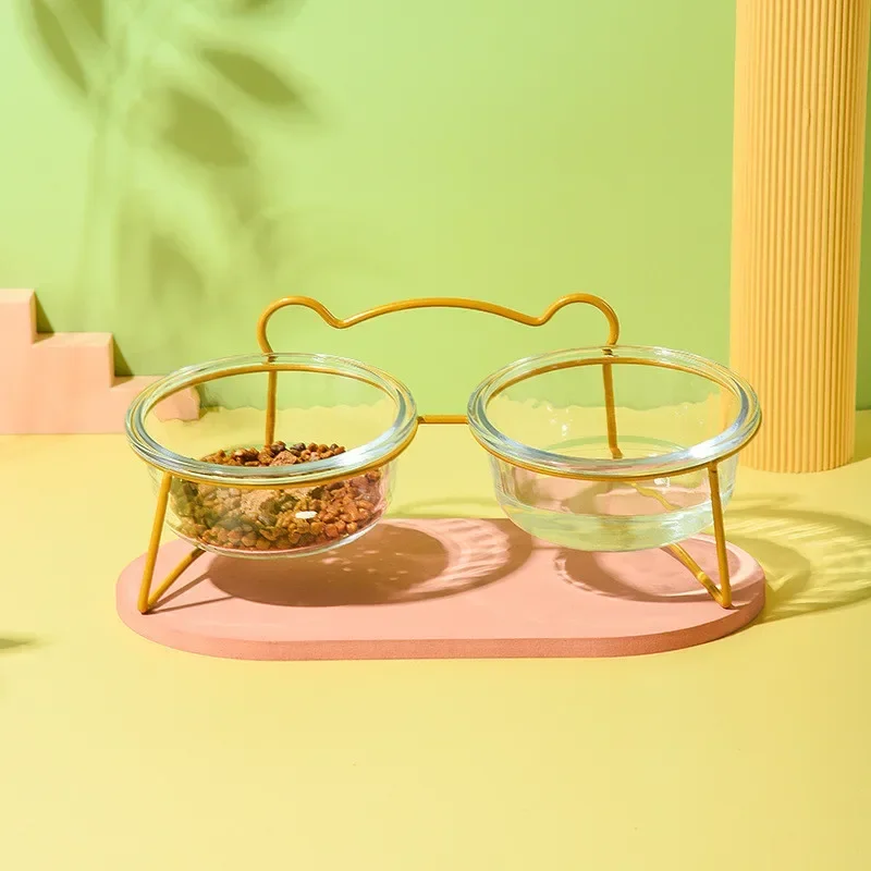 

New Double Glass Cat Dog Bowl Iron Frame Puppy Food Bowl Raised Water Feeder Gold Stand Dog Accessories Pet Supplies