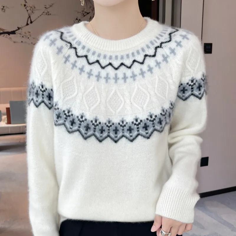 

Женский свитер из 100% мериносовой шерсти, с круглым вырезом, в стиле колор-блок, универсальный, для весны и осени, новый стиль, с длинными рукавами.