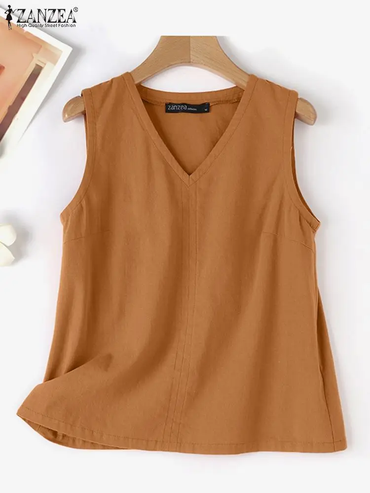 2024 ZANZEA Fashion Women Tanks Tops Summer Elegant Casual Solid Work Shirt Female Party Blusas Chemise V Neck Sleeveless Blouse