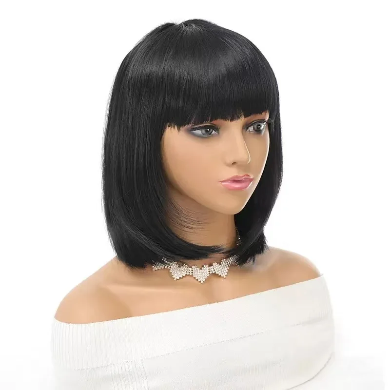 Perucas Curtas Sintéticas Pretas e Castanhas para Mulheres, Peruca Bob Lisa com Franja, Resistente a Altas Temperaturas, para Uso Diário, Cosplay e Festas