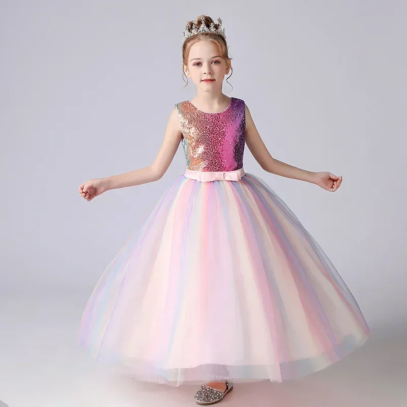 Fashion Girls Sequin Dress Lace Mesh Sleeveless Princess Dress for Girls Summer Children Girls Party Dress 3-13Y